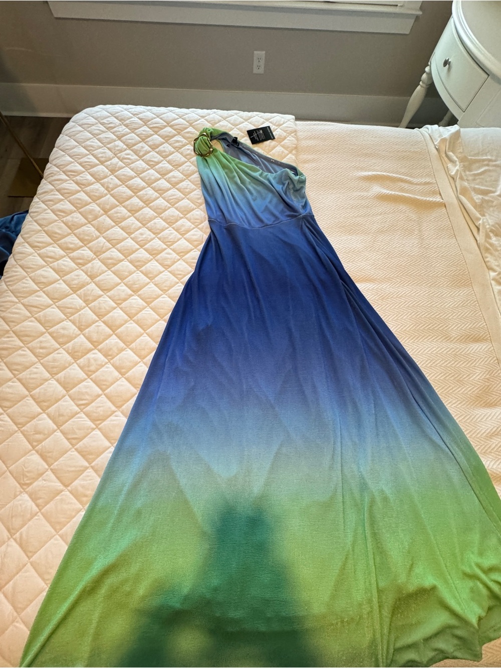 Boston Proper One-Shoulder Ombre Maxi Dress in Blue and Green